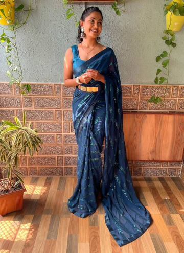 Party Wear Sequence Embroidery Teal Blue Saree With Blouse